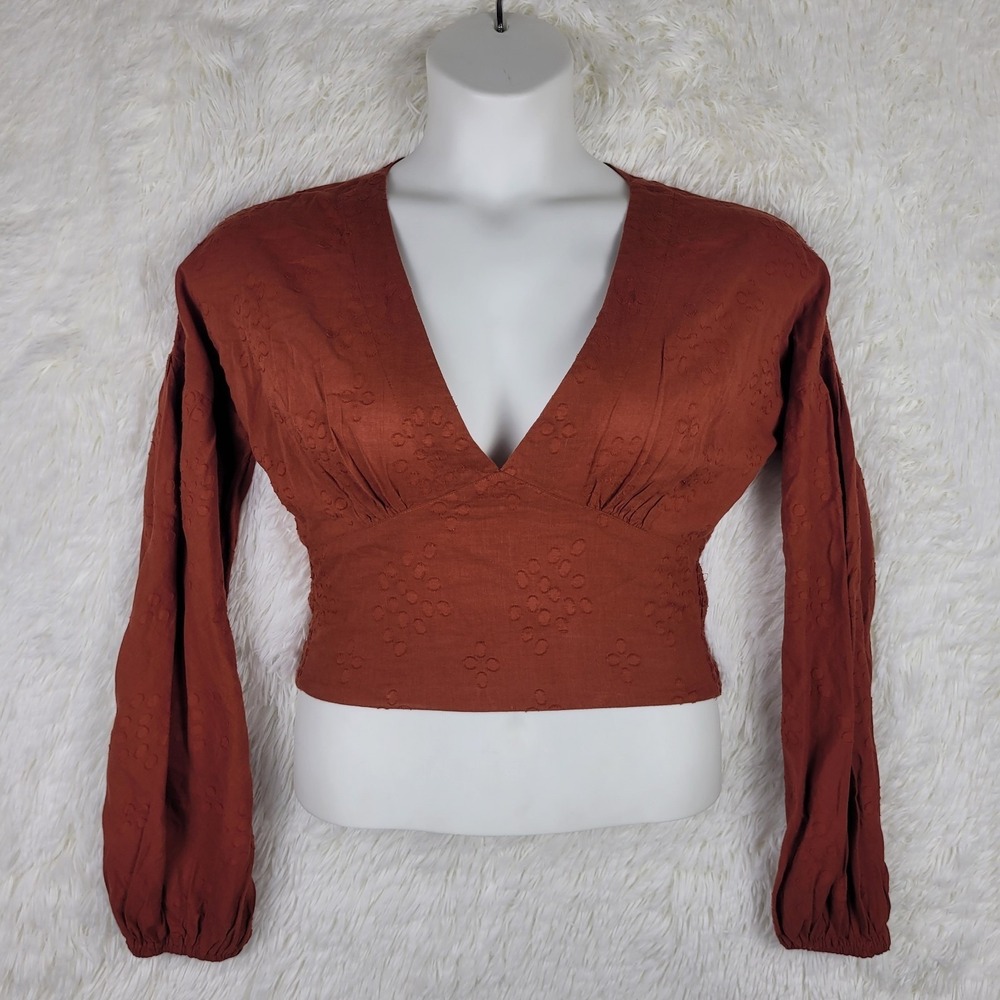 Free People Rust Red Embroidered V-Neck Balloon Sleeve Smocked Top S Ren Faire